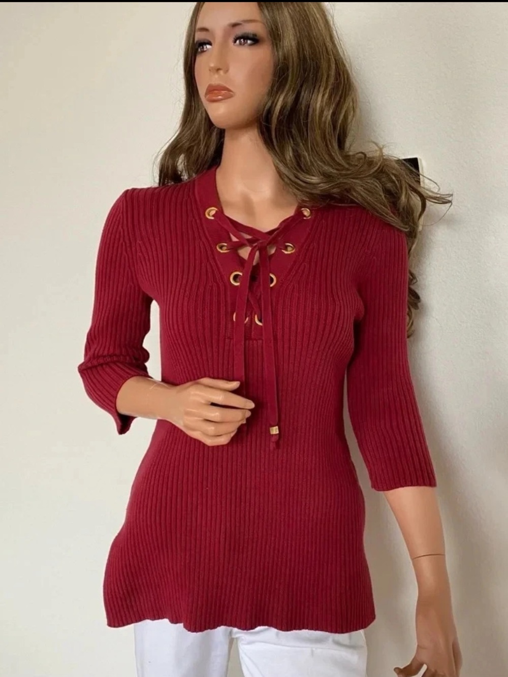 Michael Kors Women's S Rib-Knit Lace-Up Preppy V-Neck Pullover Sweater Burgundy